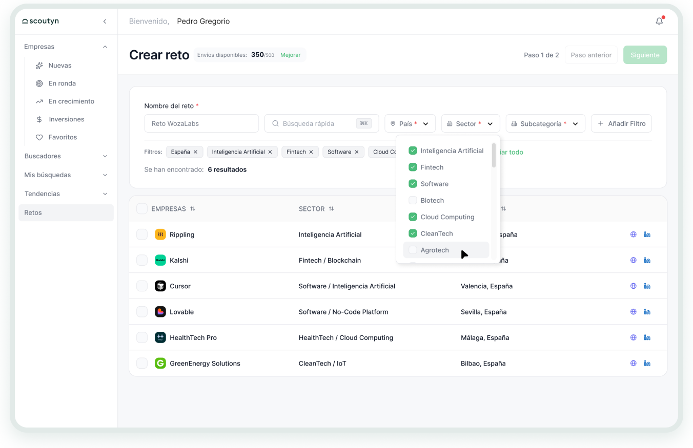 Pantalla de creación de un reto en Scoutyn con los filtros de país, sector y tecnología aplicados sobre la lista de startups