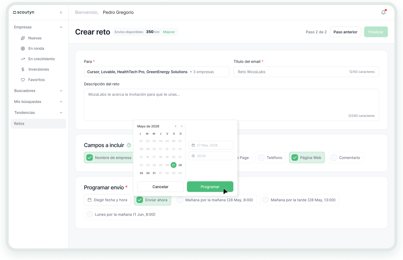 Segundo paso del asistente de creación de reto en Scoutyn con el calendario de programación del envío abierto