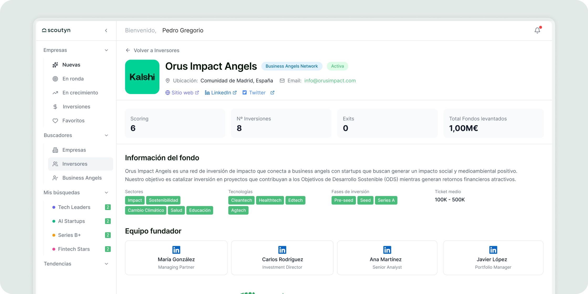 Pantalla del perfil de un inversor en Scoutyn con su portfolio, sectores, fases de inversión y equipo