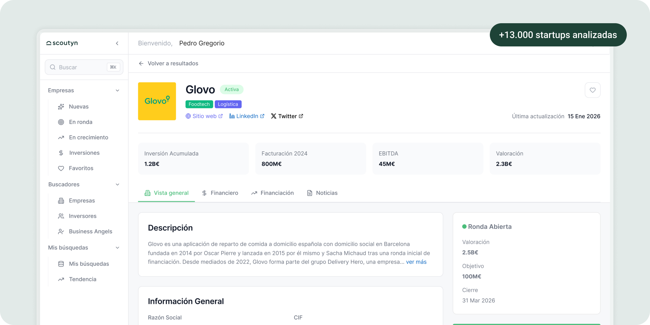 Pantalla del perfil de una compañía en Scoutyn con sus datos, equipo y rondas de inversión